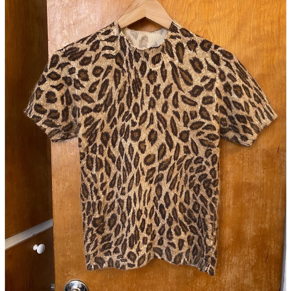 Vintage Y2K Fuzzy Angora Animal Print Leopard SS Sweater Pinup Mockneck Sz M 90s